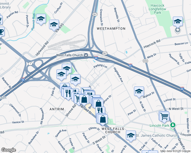 map of restaurants, bars, coffee shops, grocery stores, and more near 7028 Falls Reach Drive in Falls Church