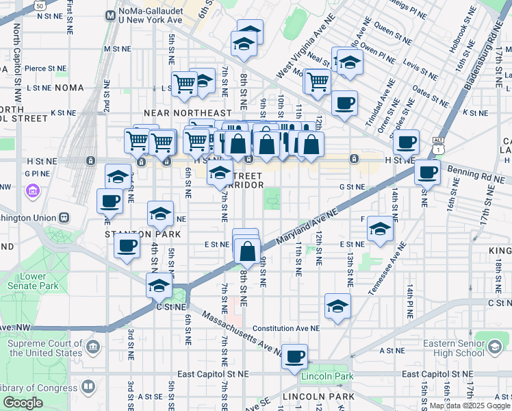map of restaurants, bars, coffee shops, grocery stores, and more near 629 Pickford Place Northeast in Washington