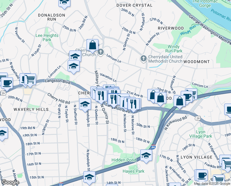 map of restaurants, bars, coffee shops, grocery stores, and more near 2137 North Pollard Street in Arlington