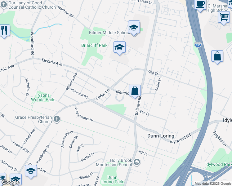 map of restaurants, bars, coffee shops, grocery stores, and more near 2302 Wheystone Court in Vienna