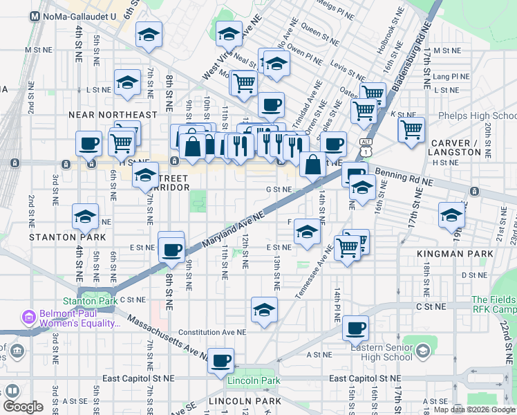 map of restaurants, bars, coffee shops, grocery stores, and more near 101 Independence Avenue Southeast in Washington