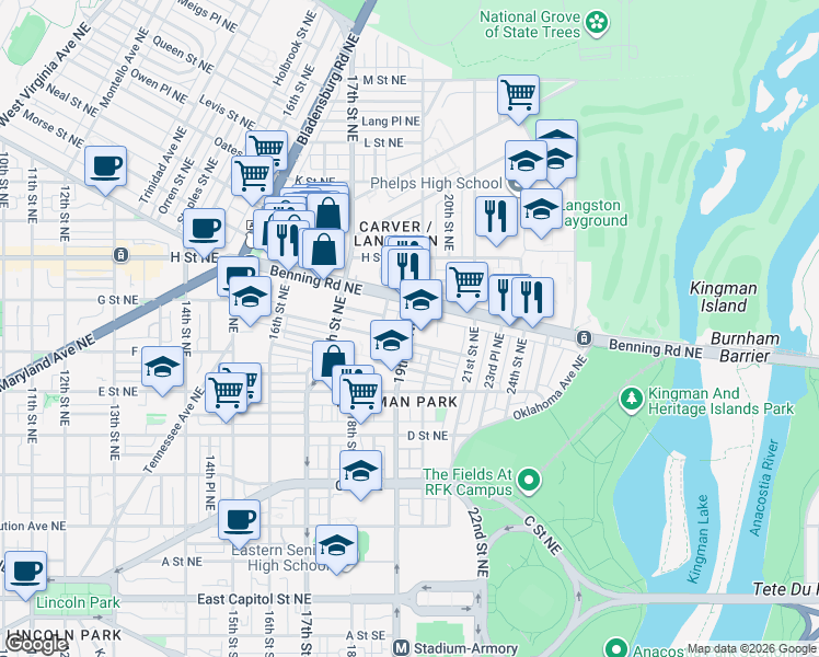 map of restaurants, bars, coffee shops, grocery stores, and more near 19th Street Northeast in Washington
