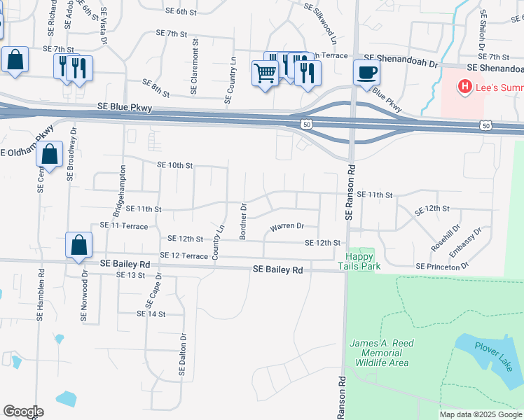 map of restaurants, bars, coffee shops, grocery stores, and more near 1112 Southeast 11 Terrace in Lee's Summit