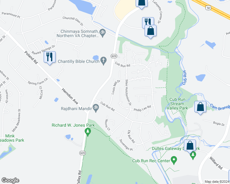 map of restaurants, bars, coffee shops, grocery stores, and more near 15241 Louis Mill Drive in Chantilly