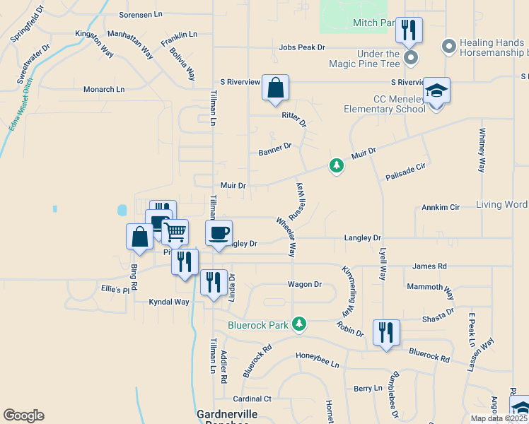 map of restaurants, bars, coffee shops, grocery stores, and more near 1328 Wheeler Way in Gardnerville