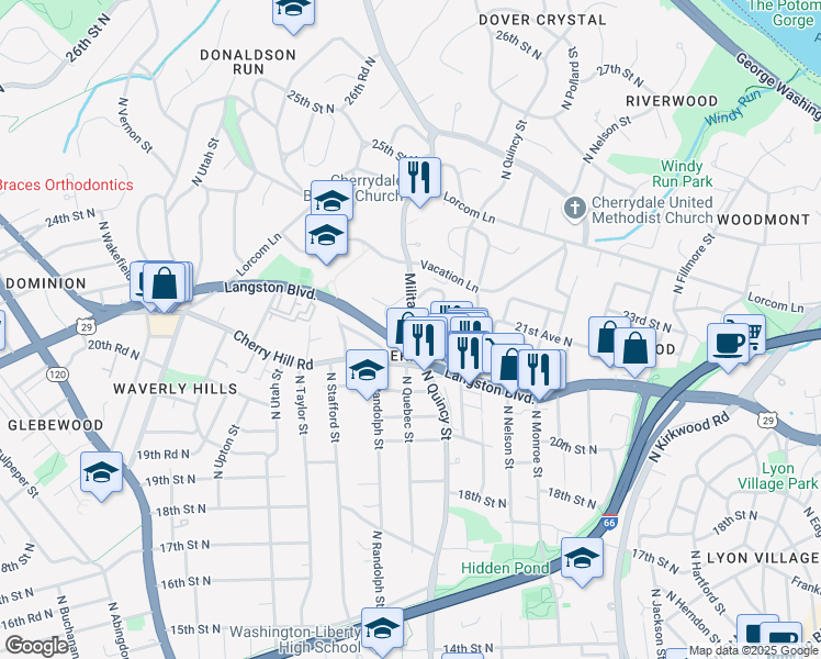 map of restaurants, bars, coffee shops, grocery stores, and more near 2100 Military Road in Arlington