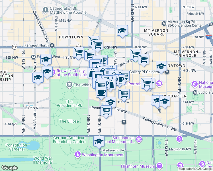 map of restaurants, bars, coffee shops, grocery stores, and more near 1330 G St NW in Washington