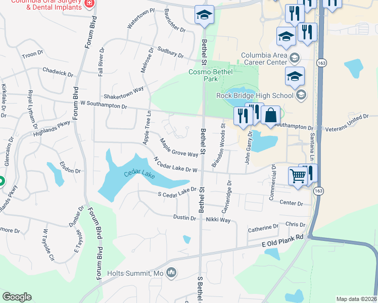 map of restaurants, bars, coffee shops, grocery stores, and more near 155 Maple Grove Way in Columbia