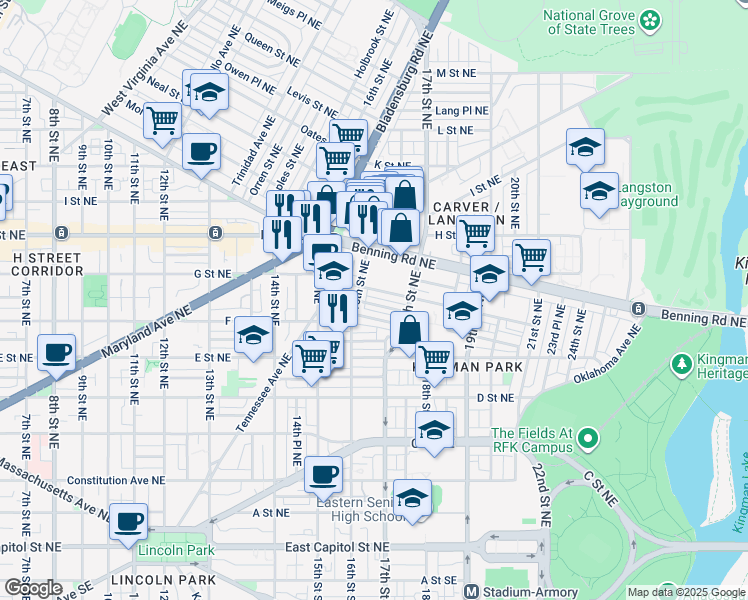 map of restaurants, bars, coffee shops, grocery stores, and more near 1636 Kramer Street Northeast in Washington