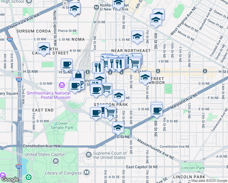 map of restaurants, bars, coffee shops, grocery stores, and more near 624 4th Street Northeast in Washington