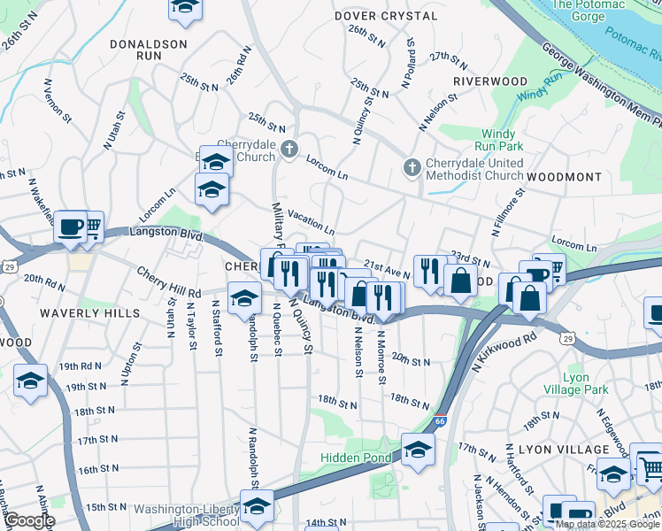 map of restaurants, bars, coffee shops, grocery stores, and more near 2137 North Pollard Street in Arlington
