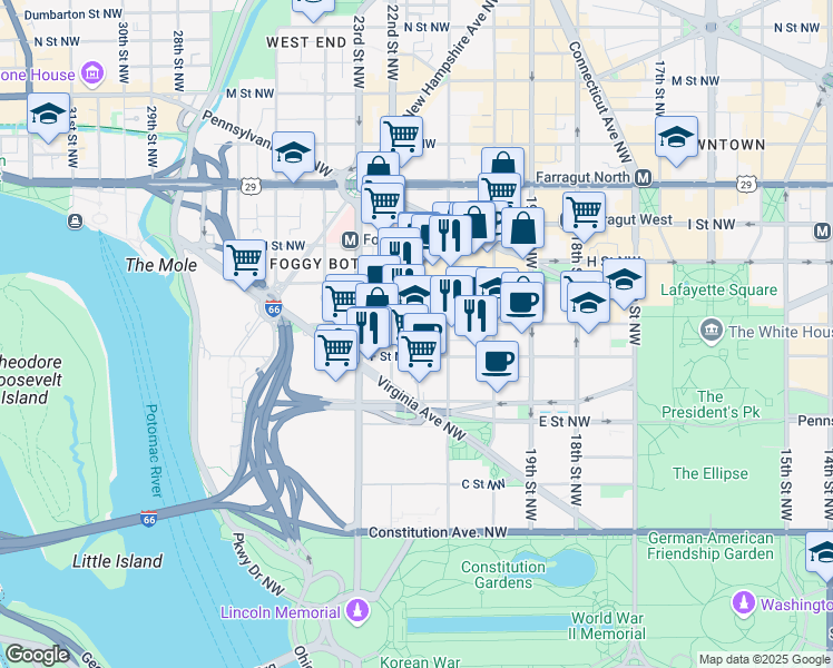 map of restaurants, bars, coffee shops, grocery stores, and more near 2130 G Street Northwest in Washington