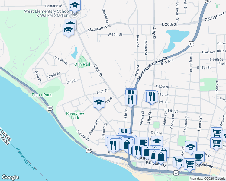 map of restaurants, bars, coffee shops, grocery stores, and more near 1023 West 9th Street in Alton
