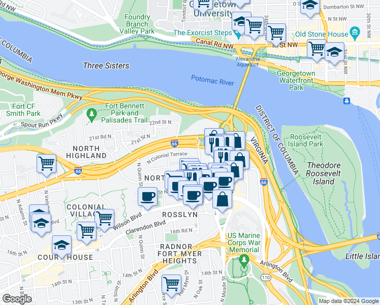 map of restaurants, bars, coffee shops, grocery stores, and more near 1565 North Colonial Terrace in Arlington