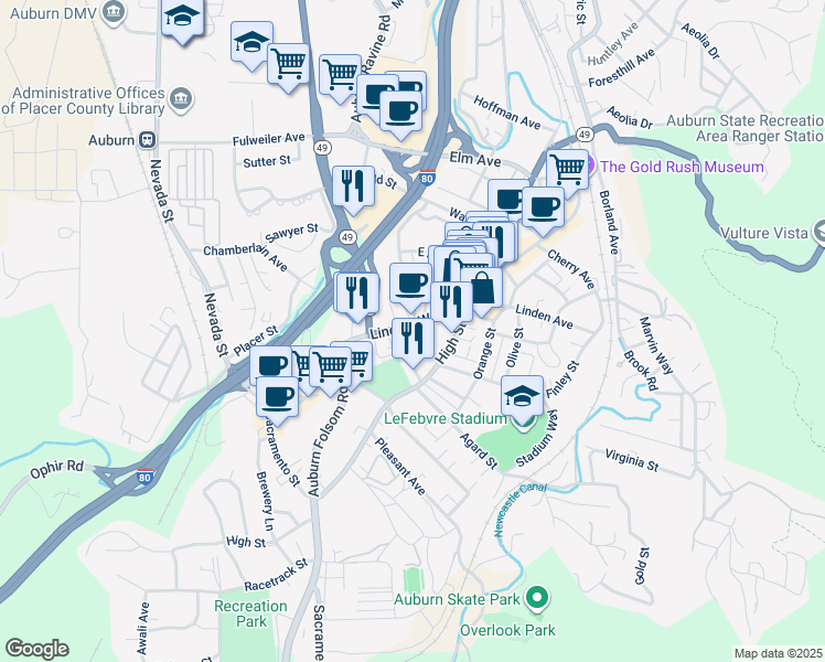 map of restaurants, bars, coffee shops, grocery stores, and more near 1021 Lincoln Way in Auburn
