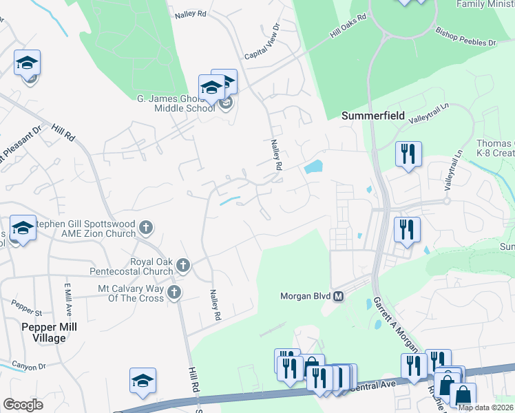 map of restaurants, bars, coffee shops, grocery stores, and more near 550 Peacock Drive in Prince George's County