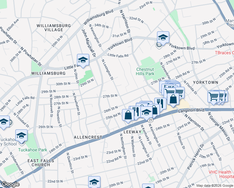 map of restaurants, bars, coffee shops, grocery stores, and more near 2704 North Lexington Street in Arlington