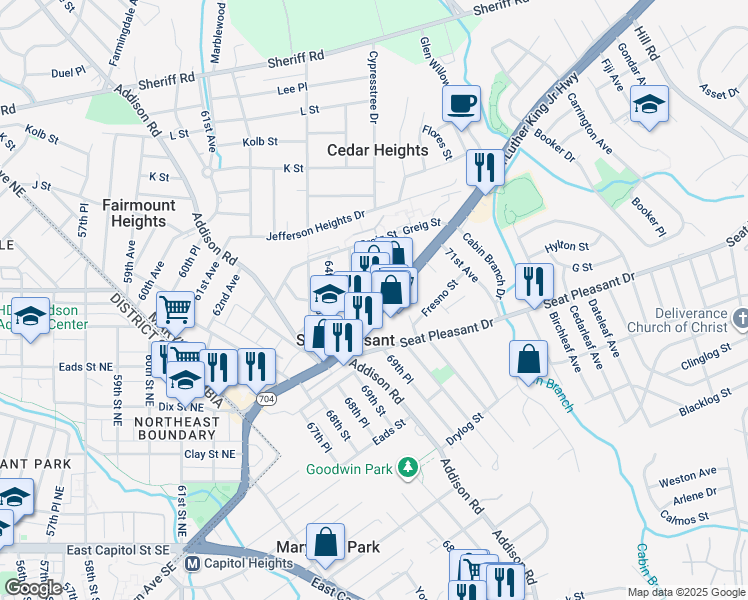 map of restaurants, bars, coffee shops, grocery stores, and more near 5930 Martin Luther King Junior Highway in Capitol Heights