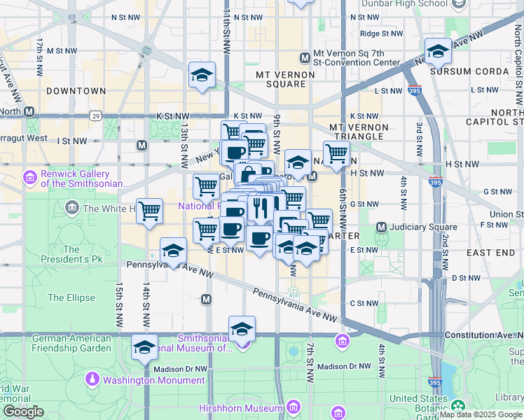 map of restaurants, bars, coffee shops, grocery stores, and more near 916 G Street Northwest in Washington