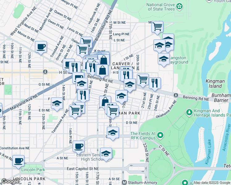 map of restaurants, bars, coffee shops, grocery stores, and more near 1744 Gales Street Northeast in Washington