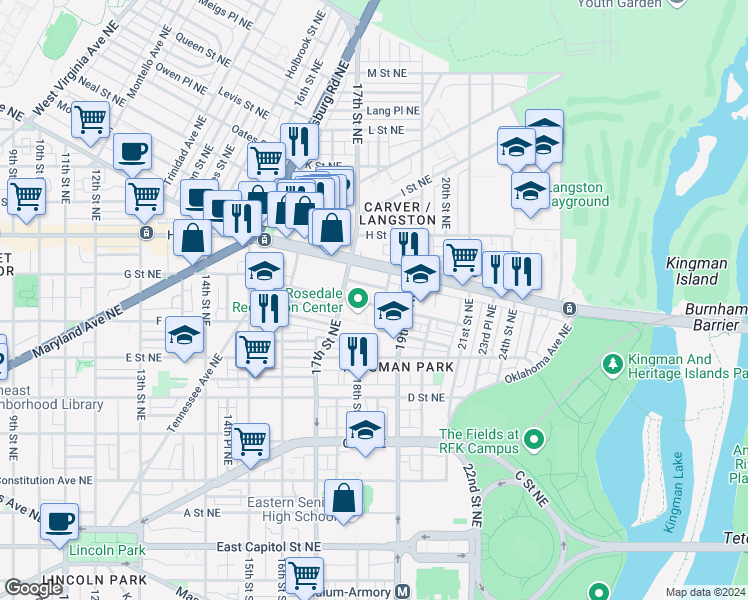 map of restaurants, bars, coffee shops, grocery stores, and more near 1744 Gales Street Northeast in Washington