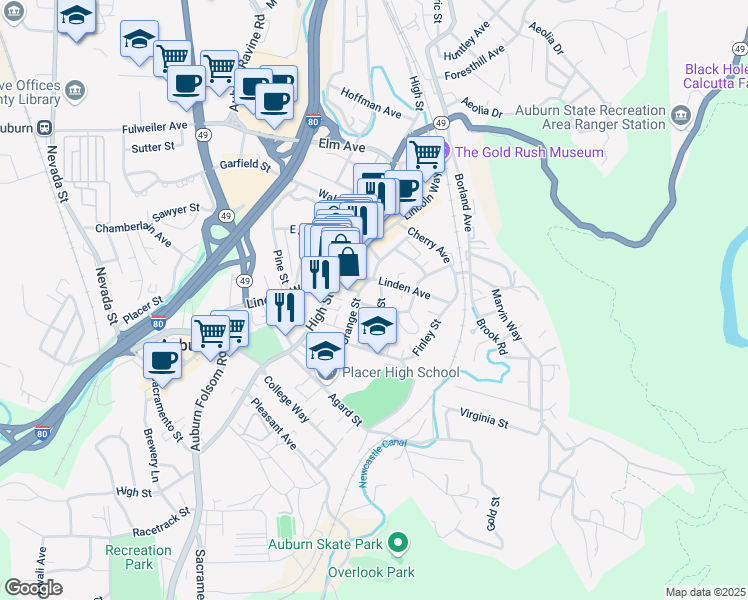 map of restaurants, bars, coffee shops, grocery stores, and more near 165 California Street in Auburn