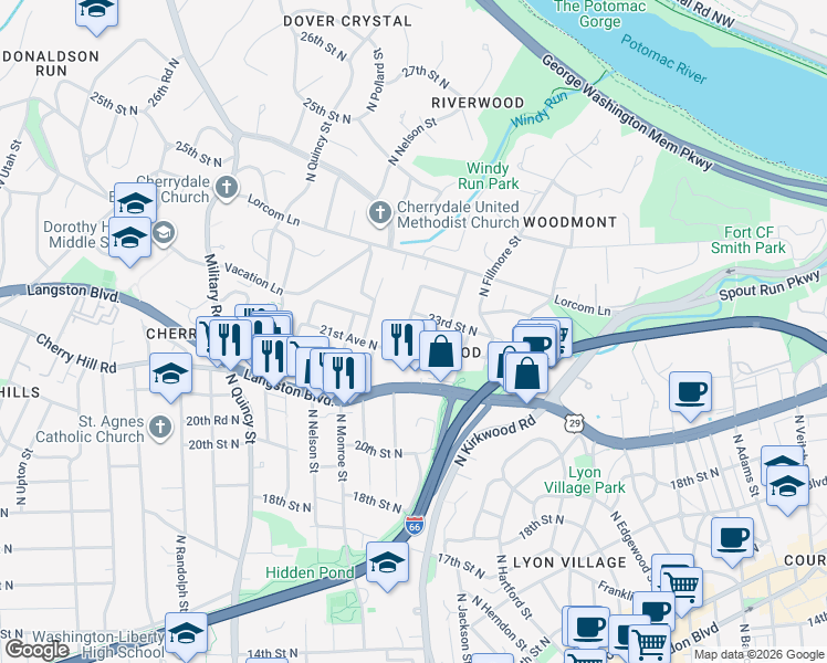 map of restaurants, bars, coffee shops, grocery stores, and more near 3327 22nd Street North in Arlington