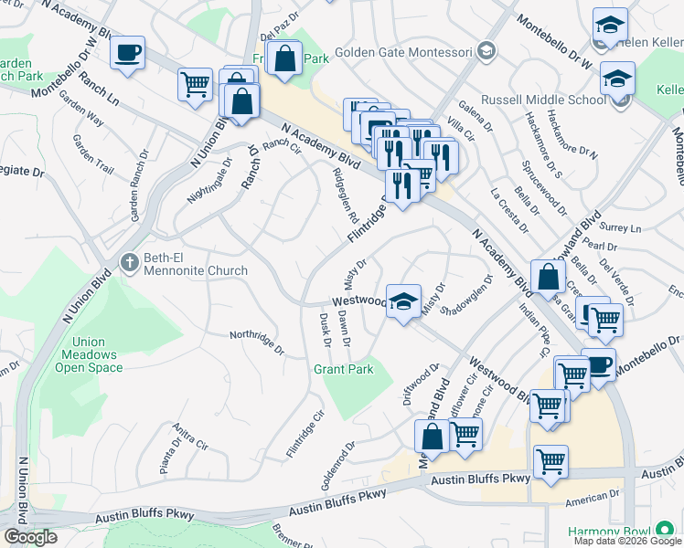map of restaurants, bars, coffee shops, grocery stores, and more near 4414 Misty Drive in Colorado Springs