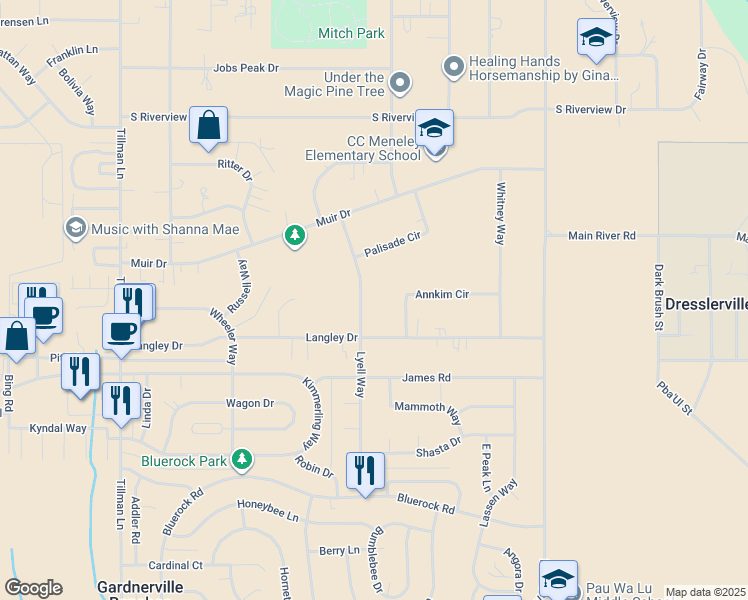 map of restaurants, bars, coffee shops, grocery stores, and more near 827 Lyell Way in Gardnerville