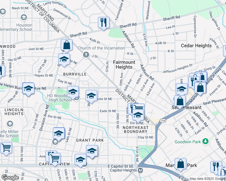 map of restaurants, bars, coffee shops, grocery stores, and more near 5810 Field Place Northeast in Washington