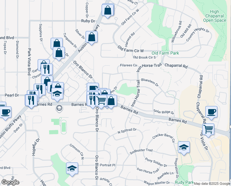 map of restaurants, bars, coffee shops, grocery stores, and more near 4583 Castlepoint Drive in Colorado Springs