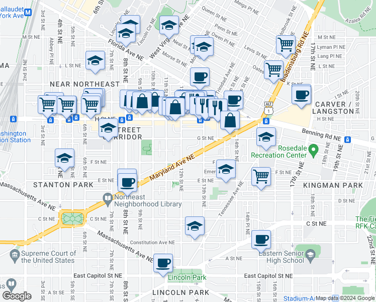 map of restaurants, bars, coffee shops, grocery stores, and more near 1220 Maryland Avenue Northeast in Washington