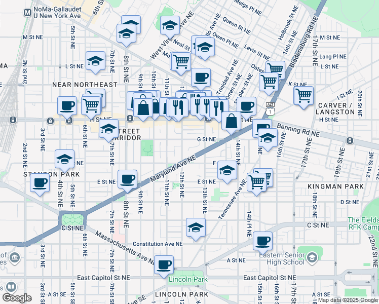 map of restaurants, bars, coffee shops, grocery stores, and more near 1222 Maryland Avenue Northeast in Washington