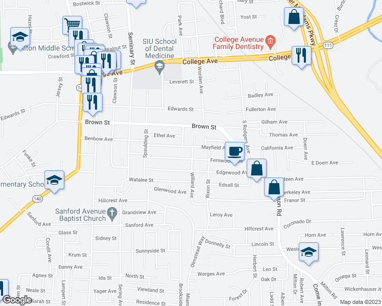 map of restaurants, bars, coffee shops, grocery stores, and more near 1306 Willard Avenue in Alton