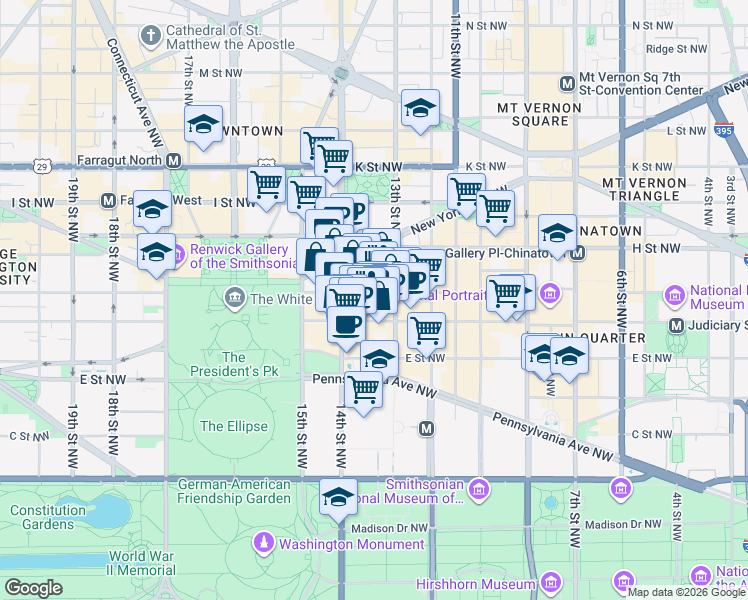 map of restaurants, bars, coffee shops, grocery stores, and more near 1310 G Street Northwest in Washington