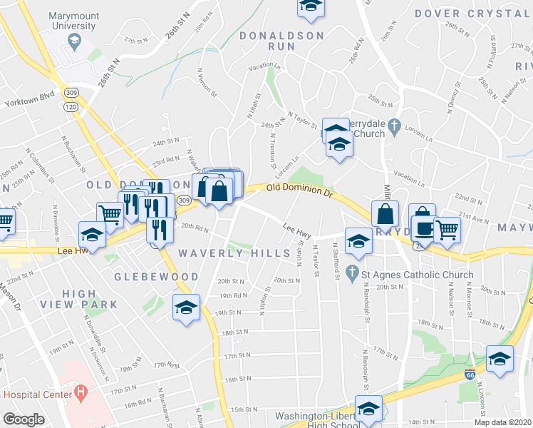 map of restaurants, bars, coffee shops, grocery stores, and more near 4385 Lee Hwy in Arlington