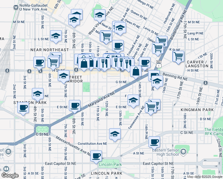 map of restaurants, bars, coffee shops, grocery stores, and more near 1222 Maryland Avenue Northeast in Washington