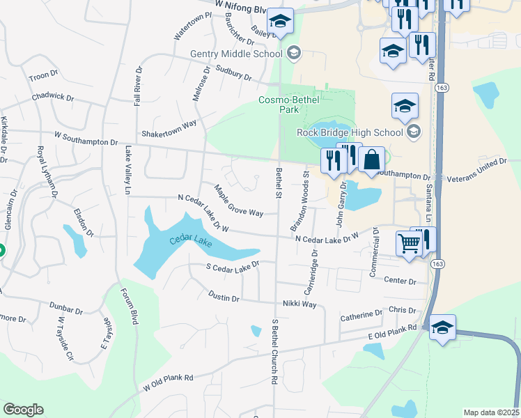 map of restaurants, bars, coffee shops, grocery stores, and more near 155 Maple Grove Way in Columbia