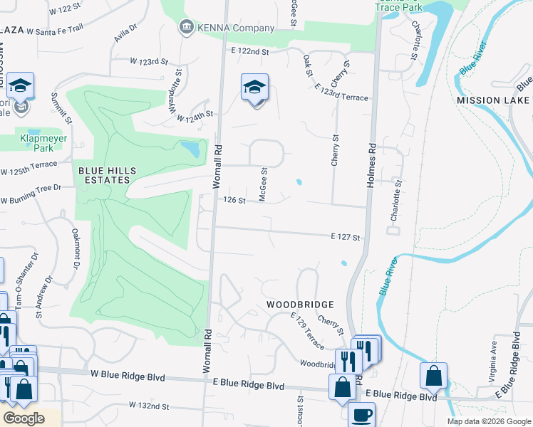 map of restaurants, bars, coffee shops, grocery stores, and more near 12614 McGee Street in Kansas City