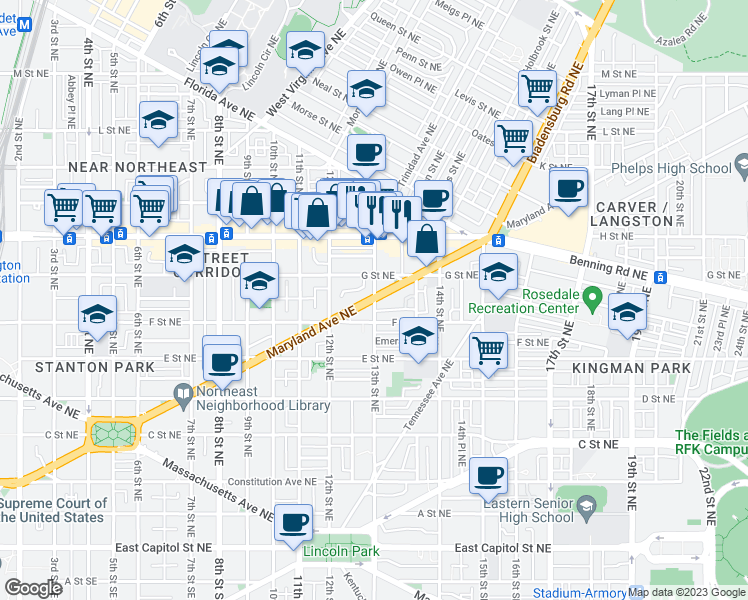 map of restaurants, bars, coffee shops, grocery stores, and more near Maryland Ave NE & 13th St NE in Washington