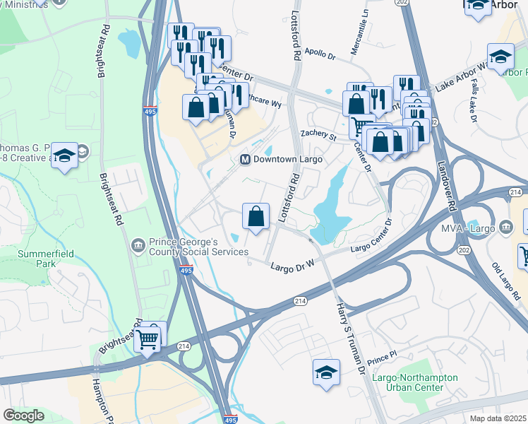 map of restaurants, bars, coffee shops, grocery stores, and more near 9400 Grand Boulevard in Largo