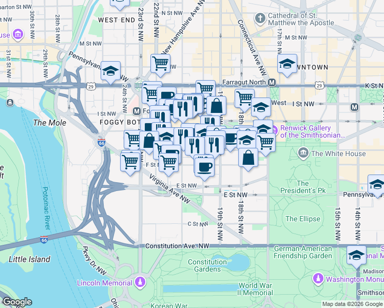 map of restaurants, bars, coffee shops, grocery stores, and more near 2028 G Street Northwest in Washington