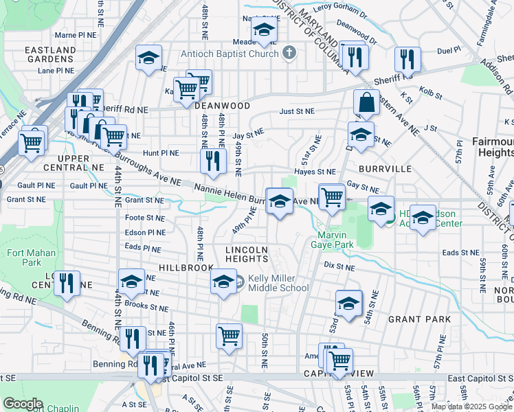map of restaurants, bars, coffee shops, grocery stores, and more near 4933 Nannie Helen Burroughs Avenue Northeast in Washington