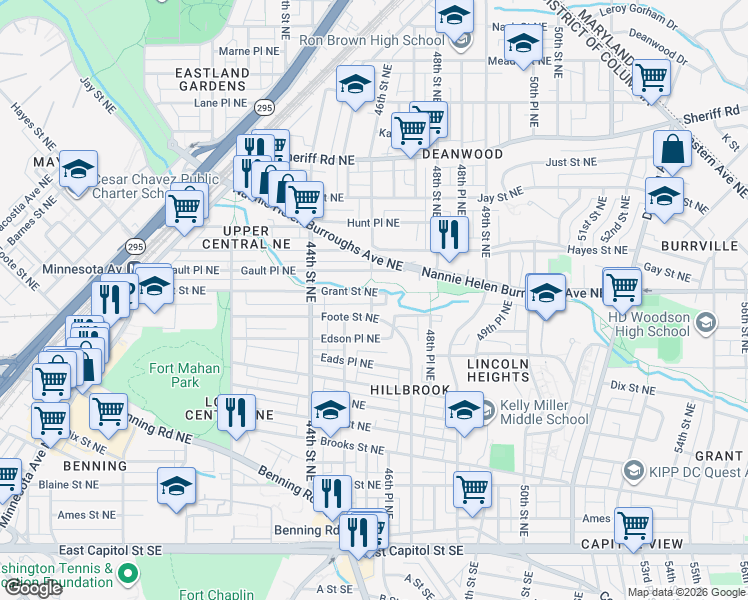 map of restaurants, bars, coffee shops, grocery stores, and more near 4601 Grant Street Northeast in Washington