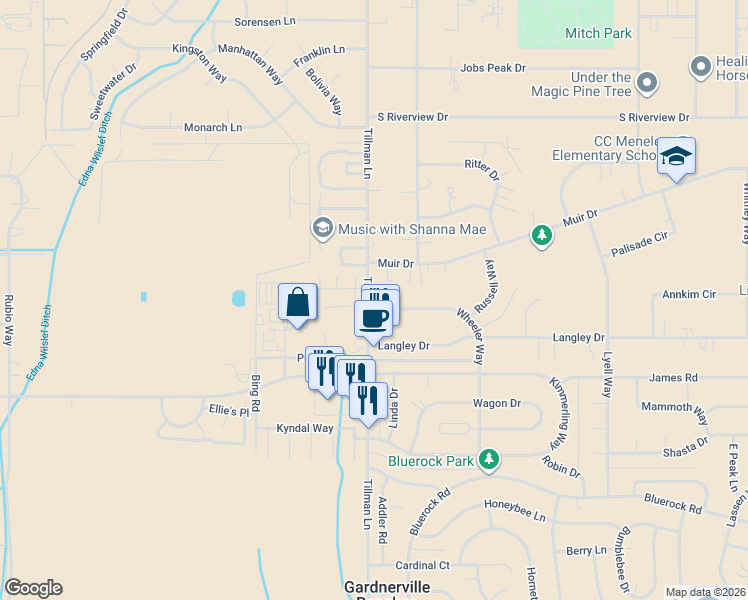 map of restaurants, bars, coffee shops, grocery stores, and more near 831 Tillman Lane in Gardnerville