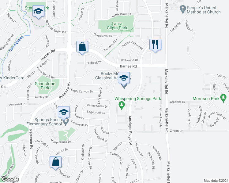 map of restaurants, bars, coffee shops, grocery stores, and more near 4605 Vireos View in Colorado Springs
