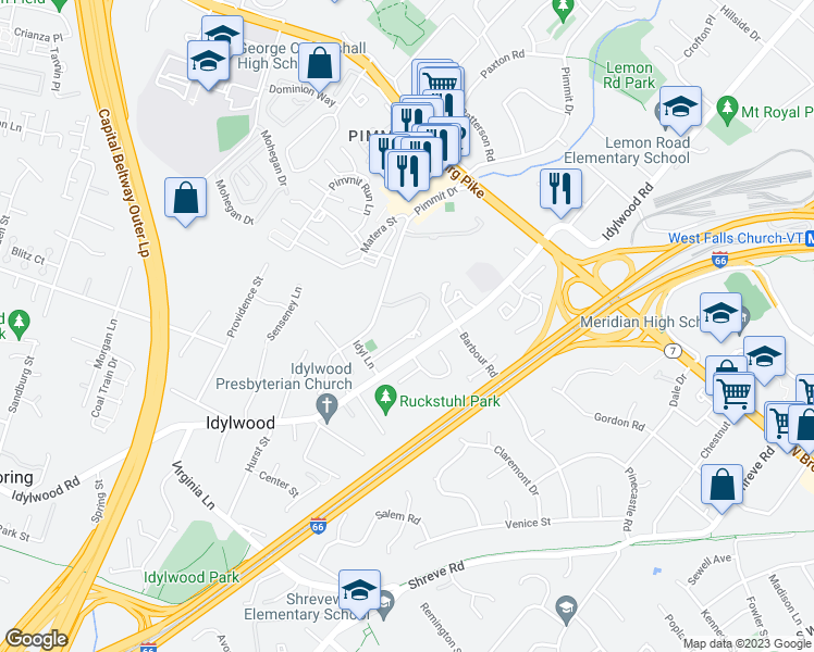 map of restaurants, bars, coffee shops, grocery stores, and more near 2311 Pimmit Drive in Falls Church