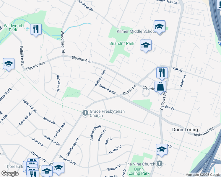 map of restaurants, bars, coffee shops, grocery stores, and more near 2357 Central Avenue in Vienna