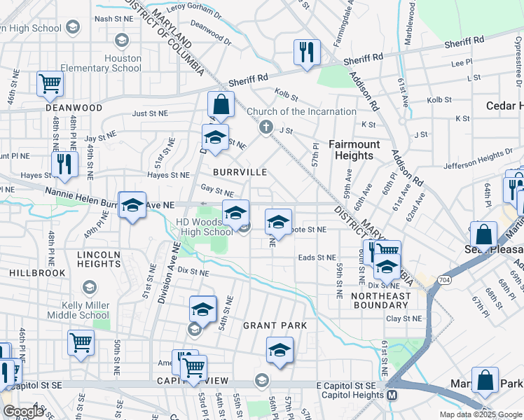 map of restaurants, bars, coffee shops, grocery stores, and more near 5509 Nannie Helen Burroughs Avenue Northeast in Washington