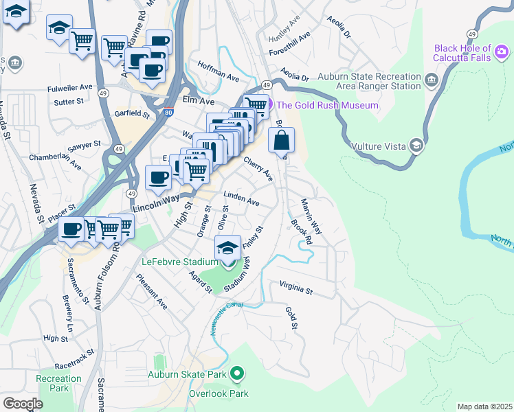 map of restaurants, bars, coffee shops, grocery stores, and more near 436 Linden Avenue in Auburn